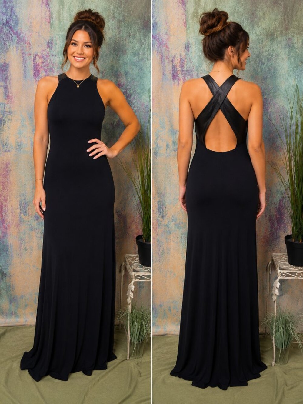 NEWπSugarlips Deep Back Neckline w/ over-cross Faux Leather Straps Maxi Dress